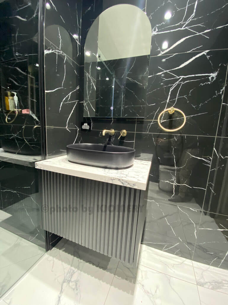 Single sink vanity installation Point Cook — compact bathroom vanity with basin and tapware by KJoinery