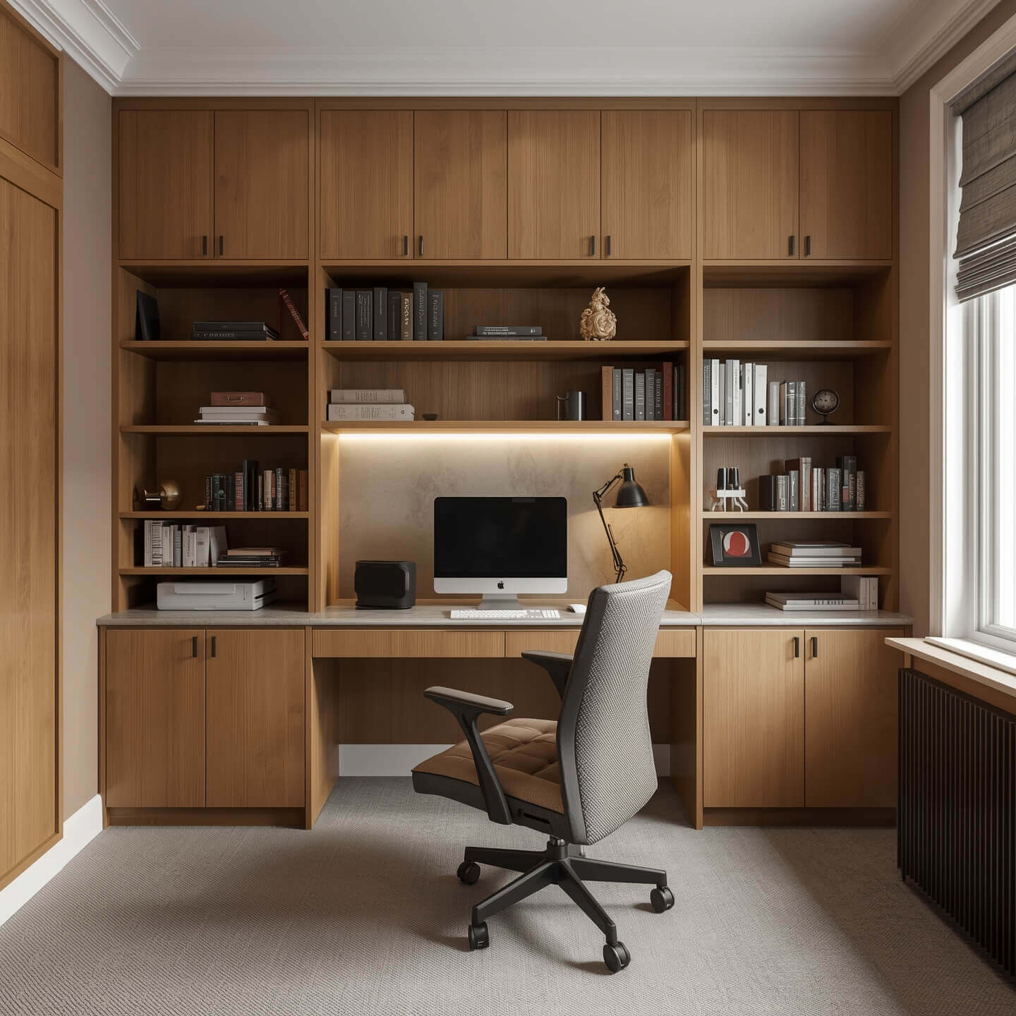 Modern study room with corner desk and built-in storage