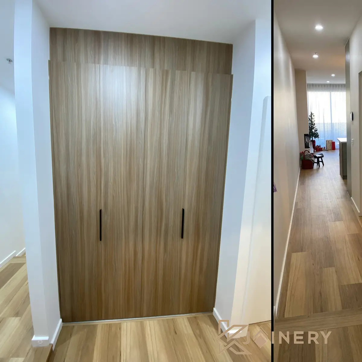 Custom laundry cabinetry Ascot Vale full home renovation — built-in storage with benchtop and overhead cabinets