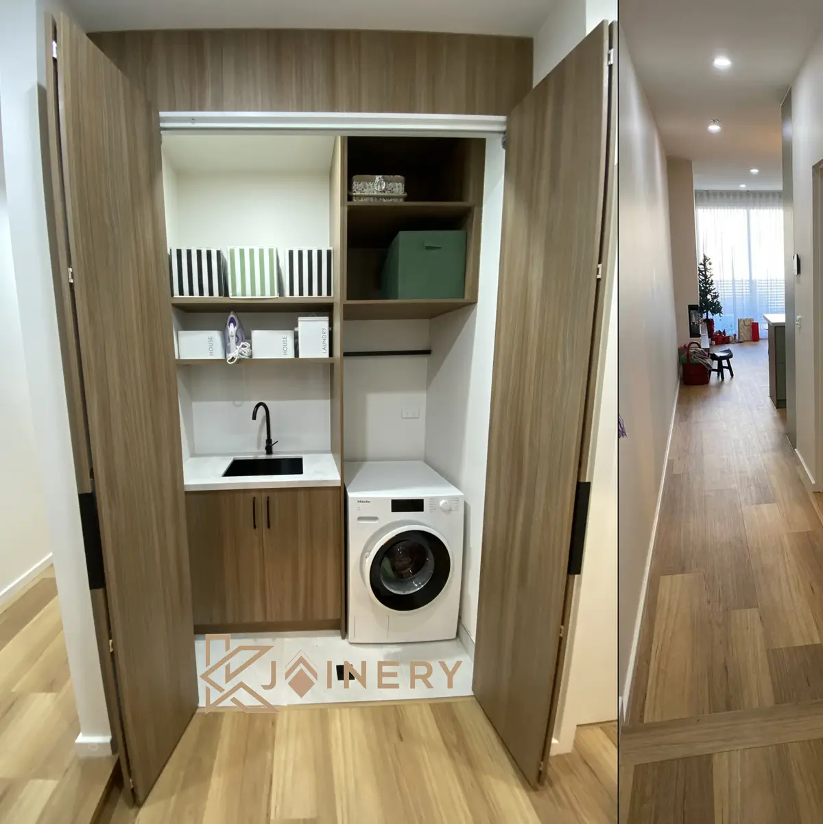 Concealed European laundry with woodgrain cabinetry hiding the washer and dryer in a Melbourne home