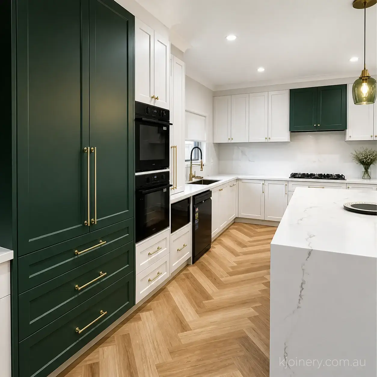 Modern kitchen joinery design St Kilda — custom cabinetry styles including handleless two-tone and shaker options