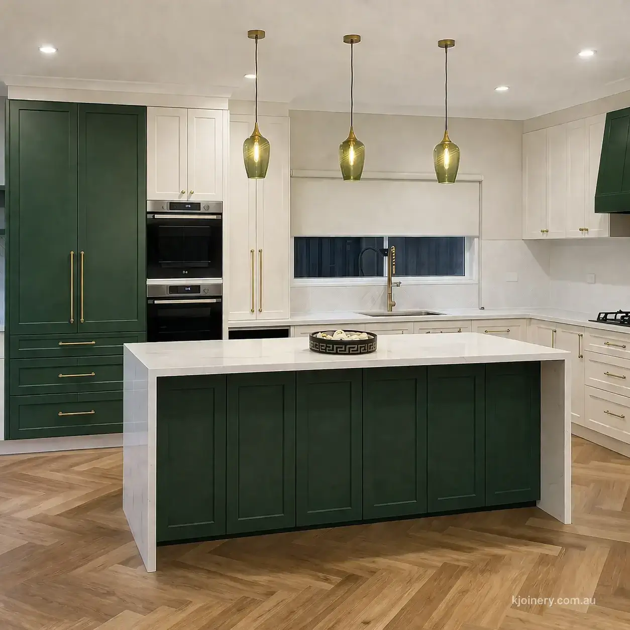 Open plan kitchen joinery St Kilda — custom island kitchen with integrated appliances and timber accents