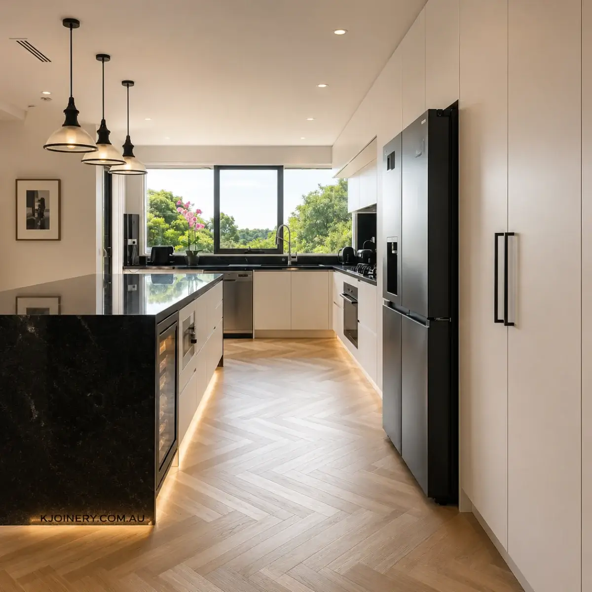 Open-plan family kitchen joinery with island by KJoinery Australia