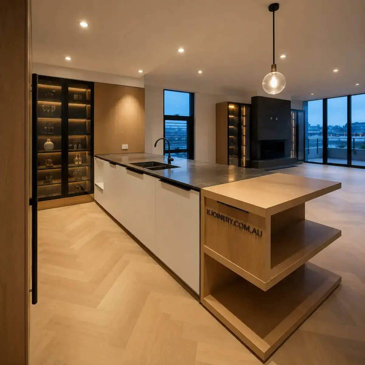 Custom two-tone kitchen with timber island and city view in Manor Lakes Melbourne