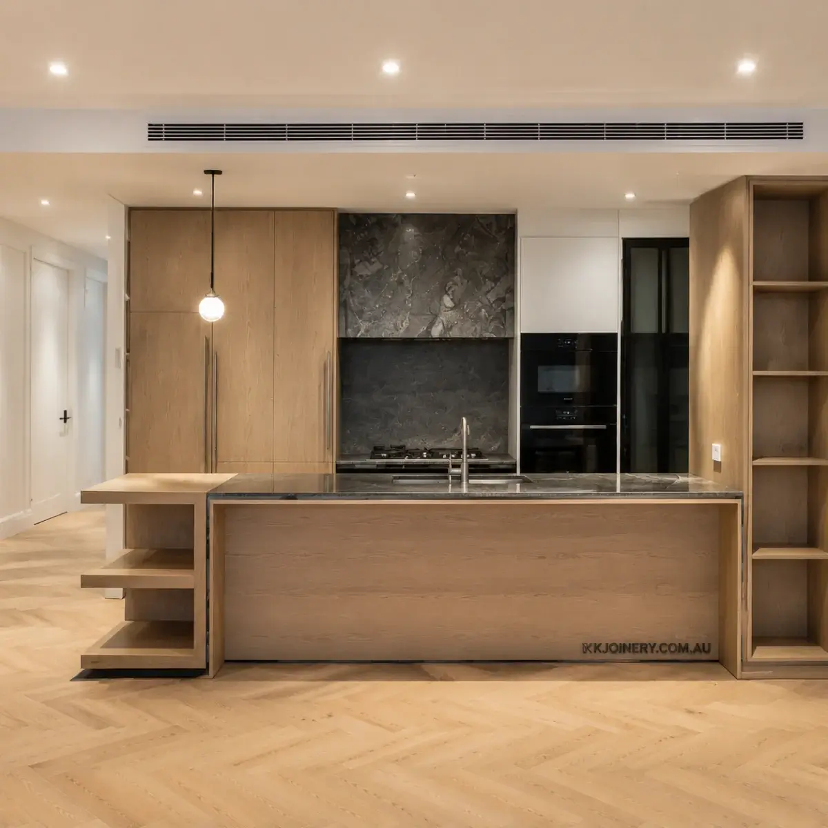 Custom kitchen with timber cabinetry and stone island in Melbourne