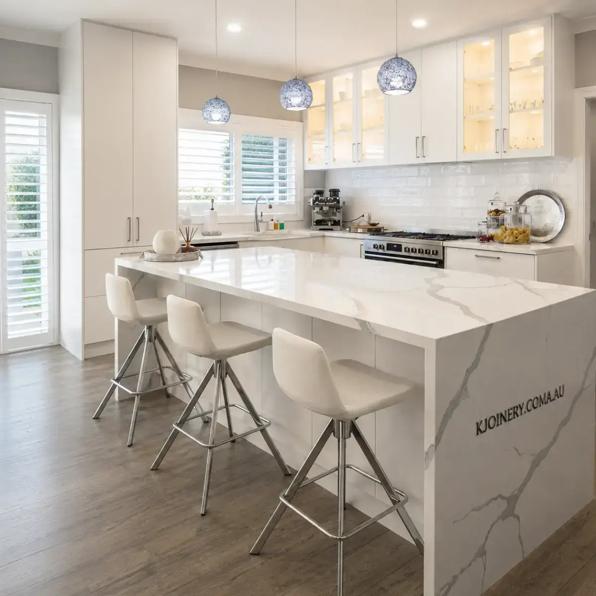 Shaker style custom kitchen with marble island in Melbourne