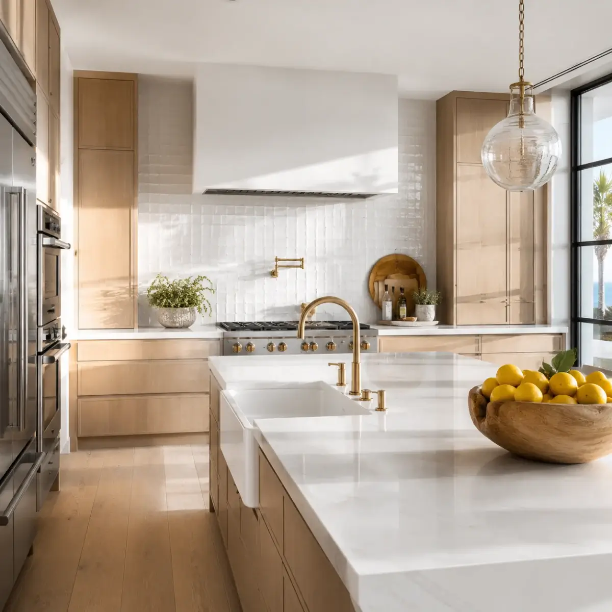 Warm custom kitchen with brass tapware and farmhouse sink in South Morang Melbourne