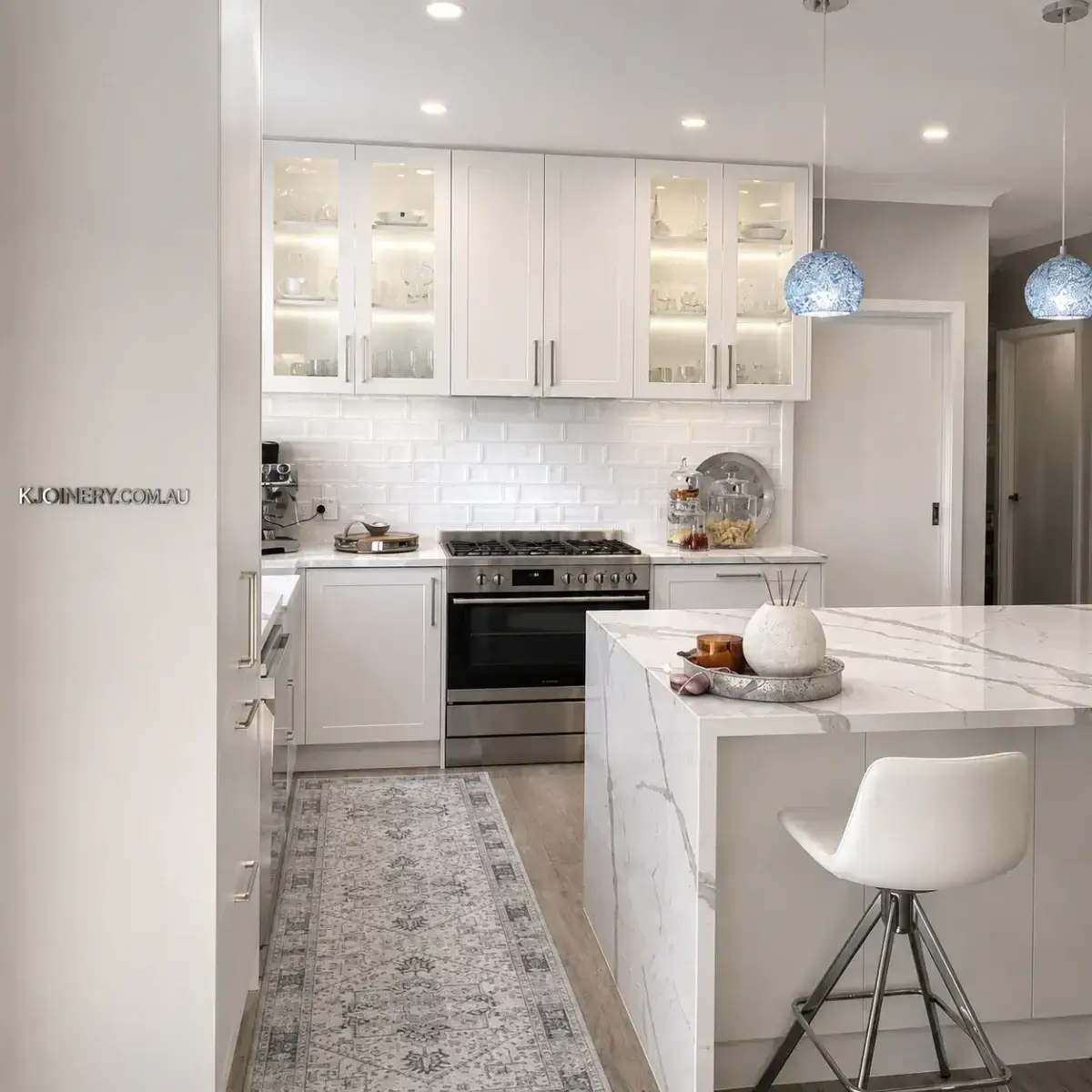 Shaker and Hampton style custom kitchen with marble island in Wyndham Vale Melbourne