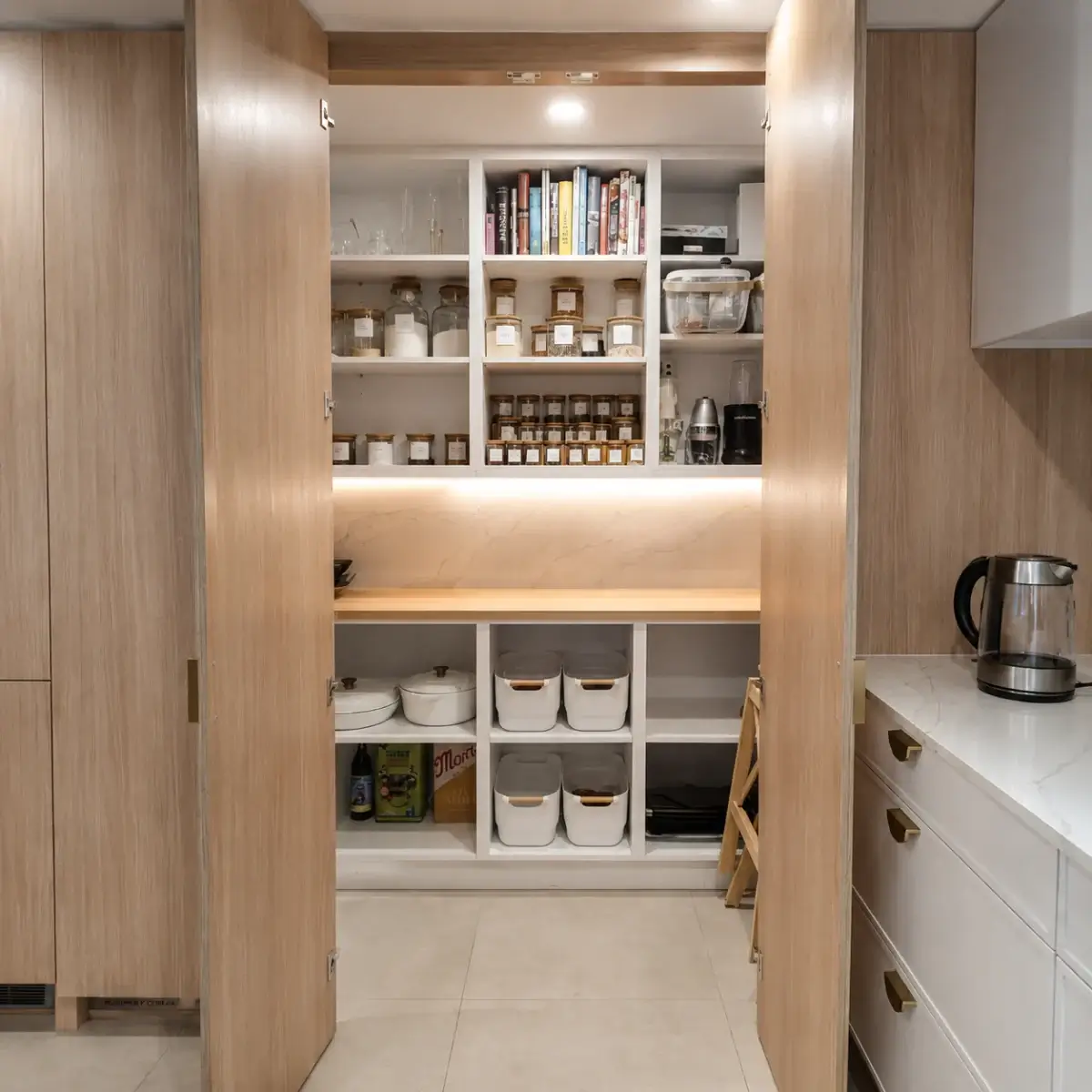 Walk-in pantry with floor-to-ceiling shelving by KJoinery Australia