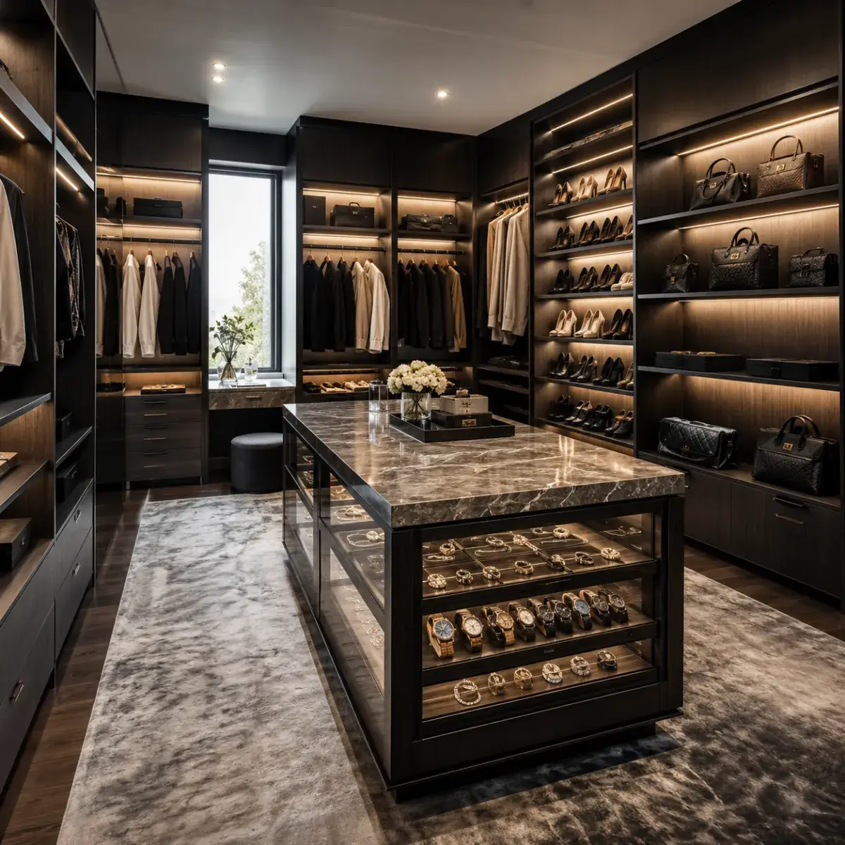 Custom walk-in robe with LED-lit shelving in Melbourne