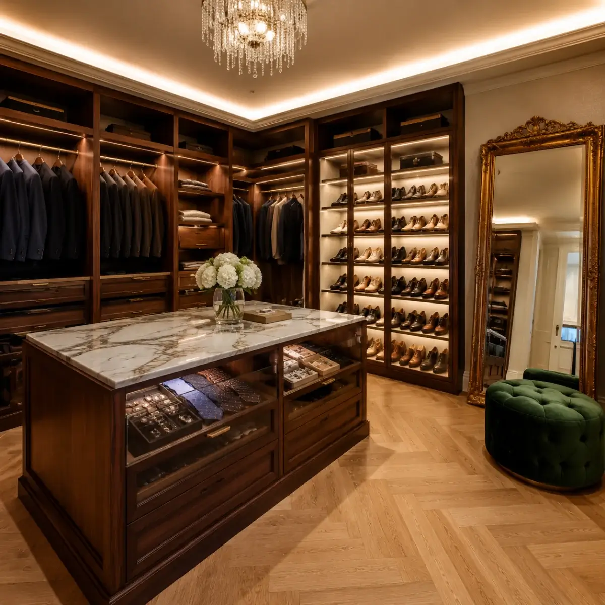 Walk-in robe with open shelving and drawers by KJoinery Australia