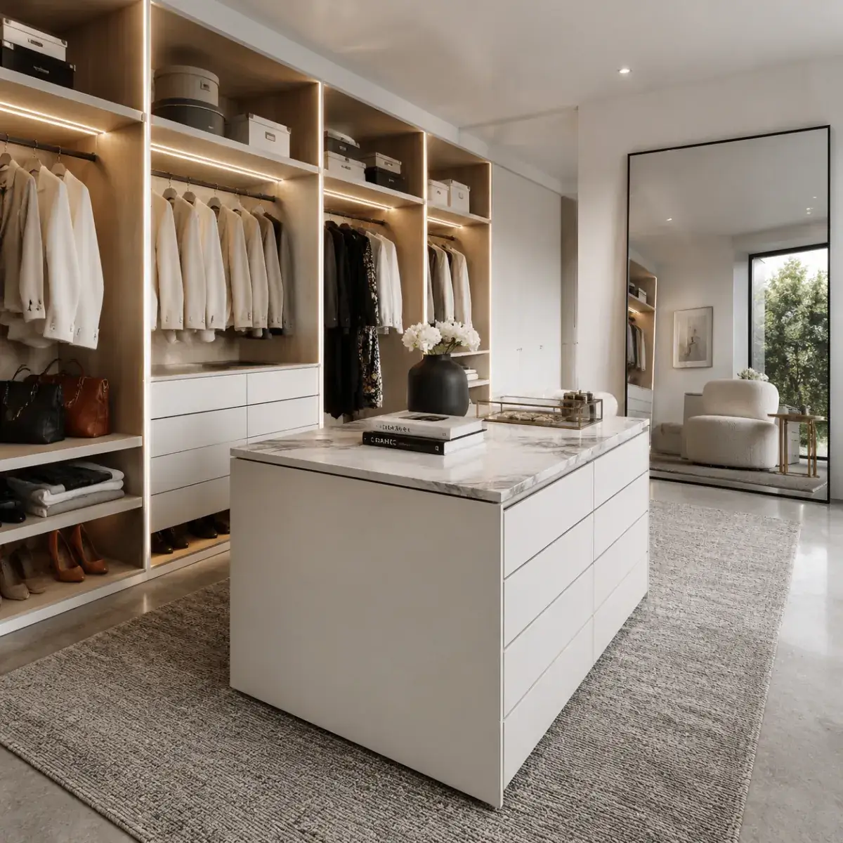 Walk-in robe joinery with open shelving by KJoinery Australia