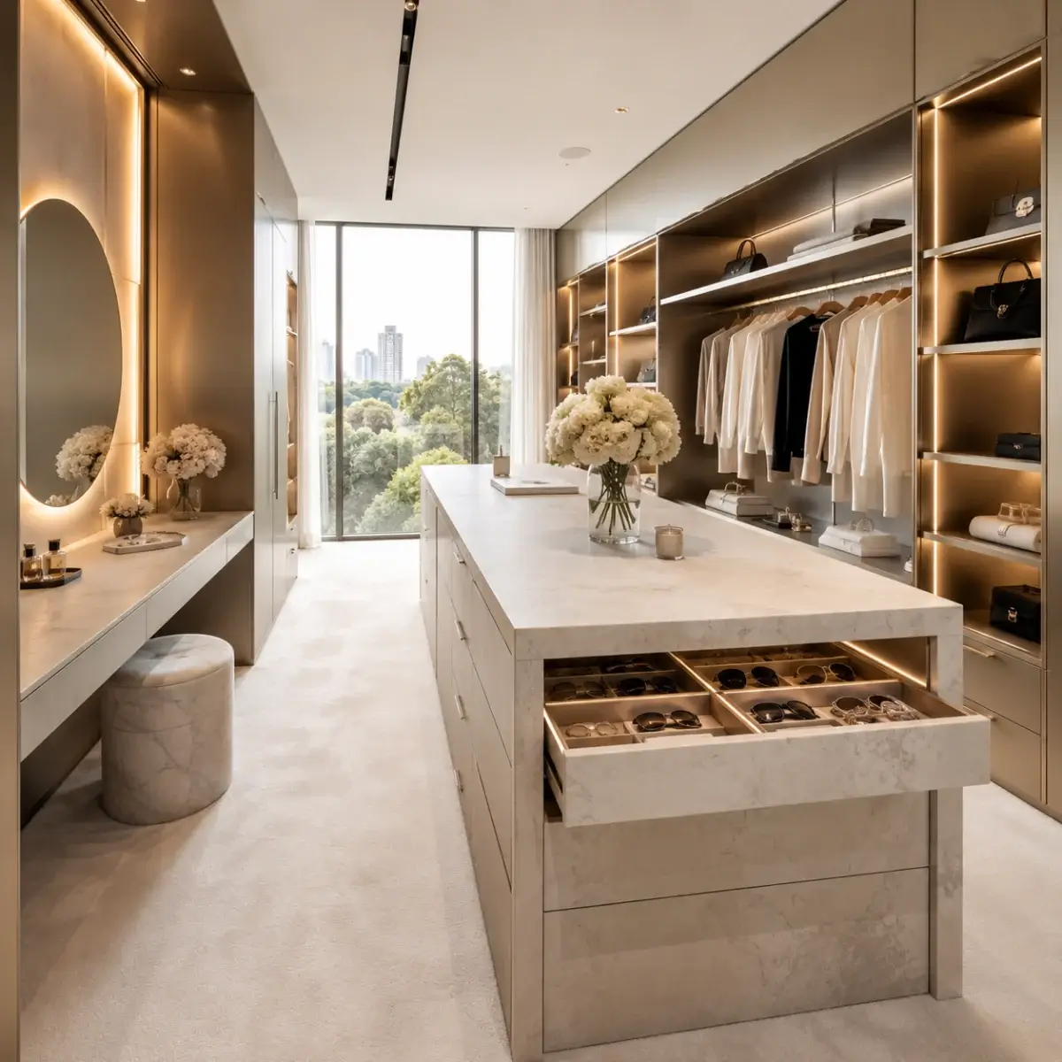 Luxury custom walk-in robe with island and city view by KJoinery Melbourne