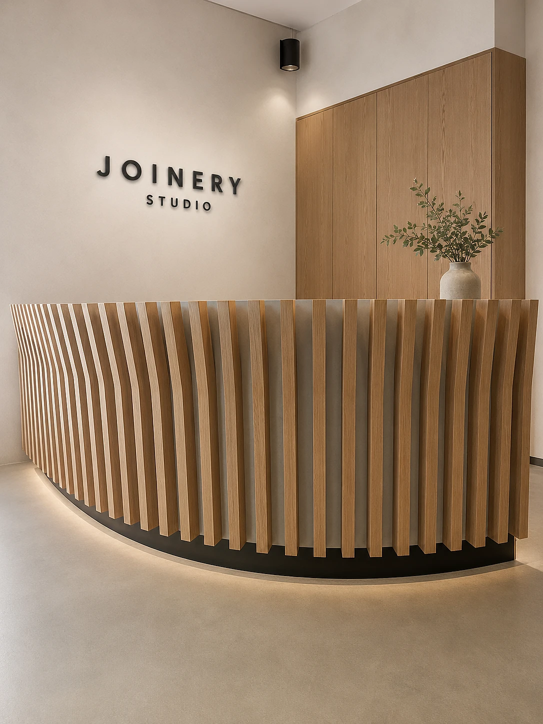Custom curved timber-batten reception desk built by KJoinery for a Melbourne office