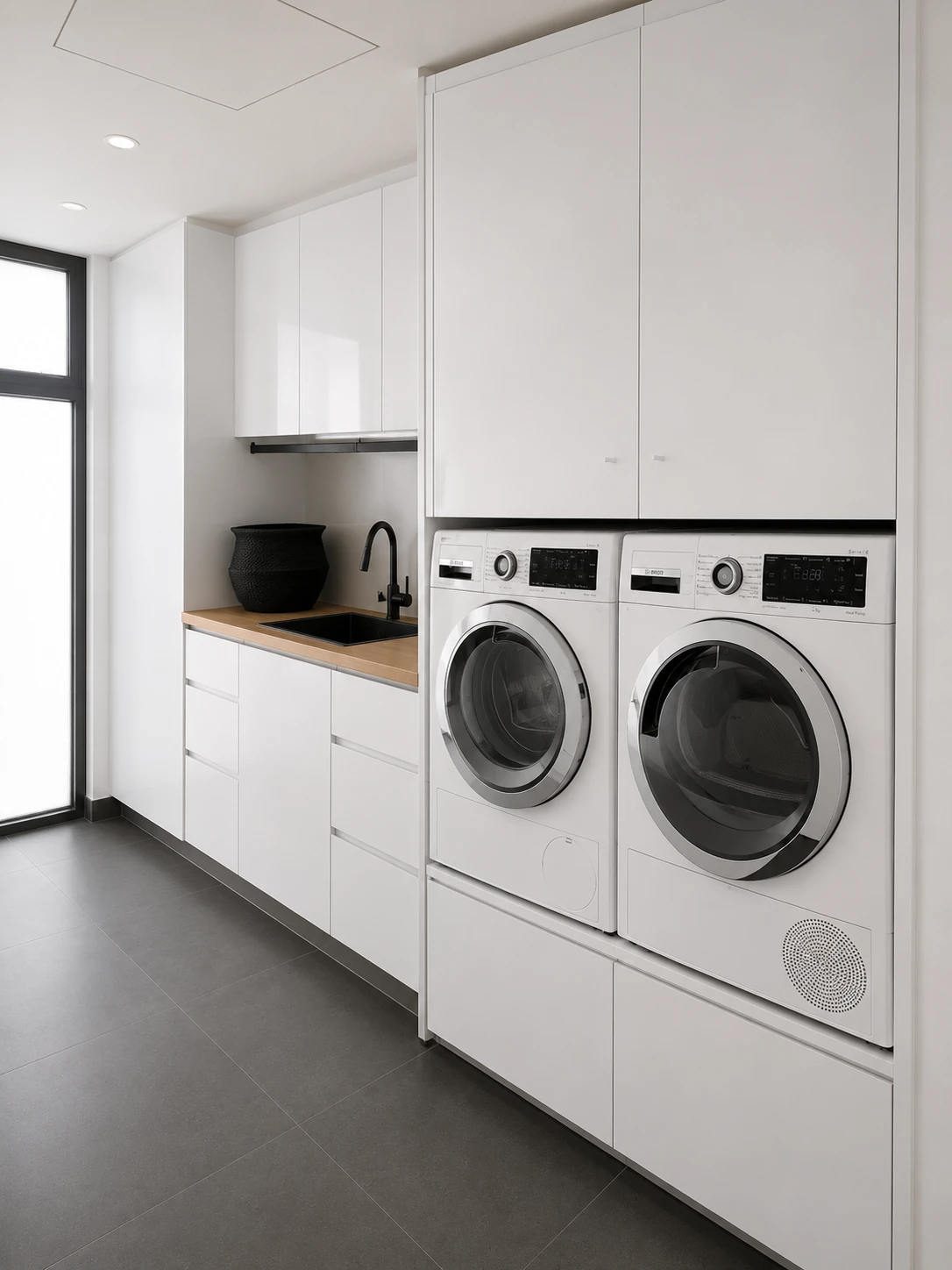 Full-height white laundry cabinetry with timber benchtop in Melbourne