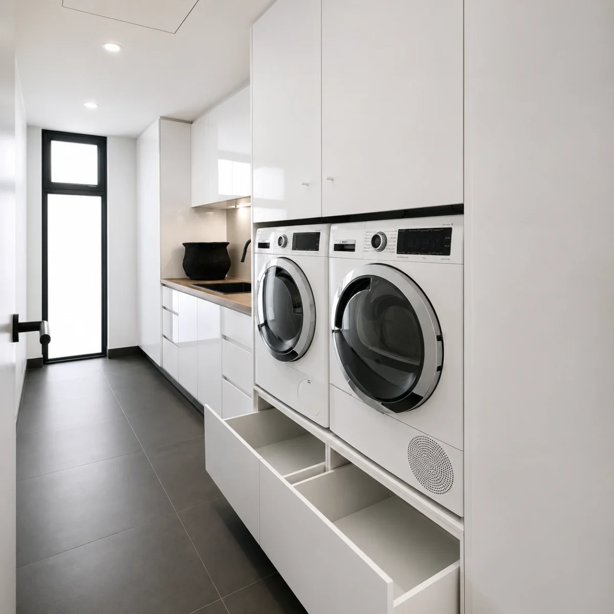 European laundry with side by side appliances built by KJoinery in Brunswick