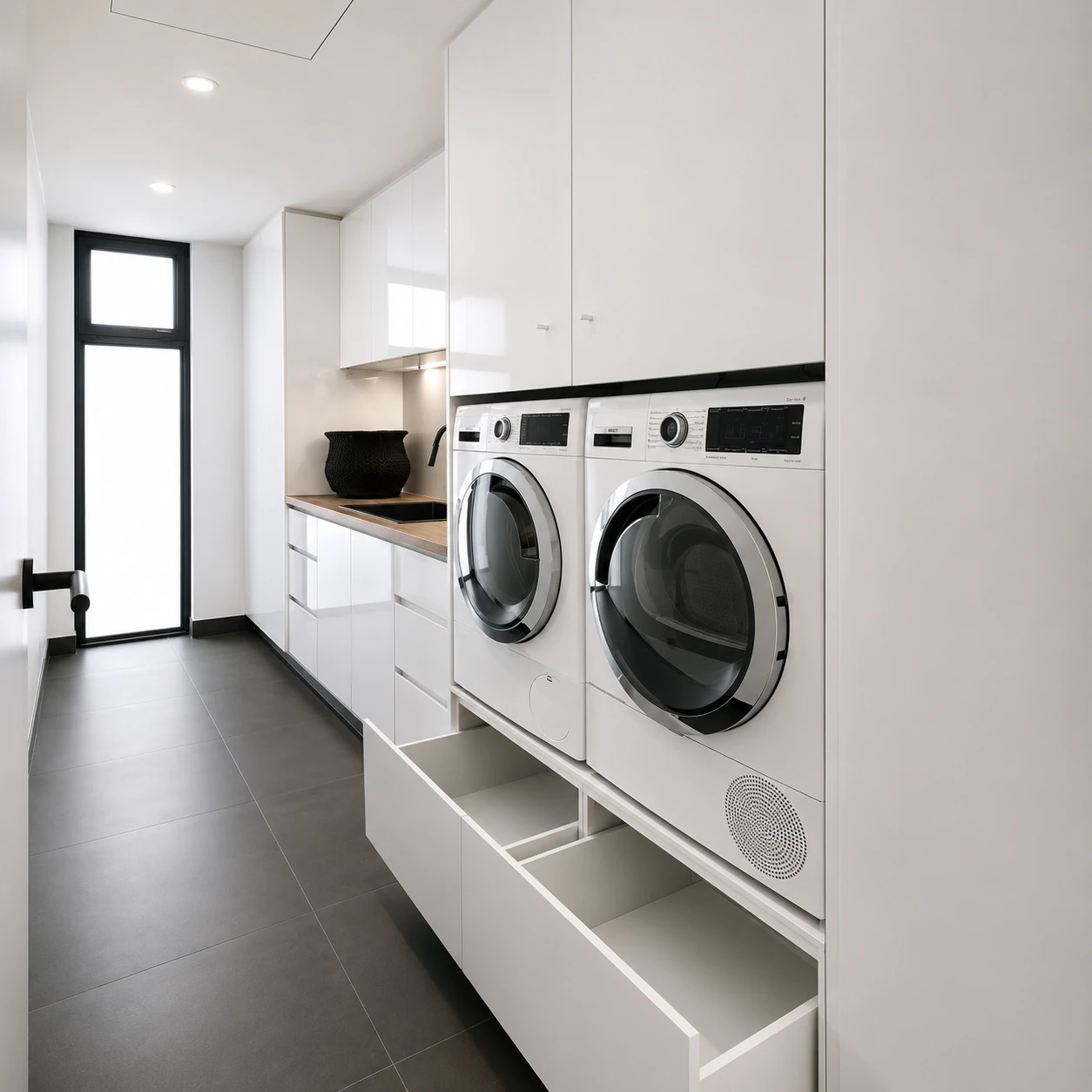 White laundry with side-by-side washer and dryer and timber benchtop in Melbourne