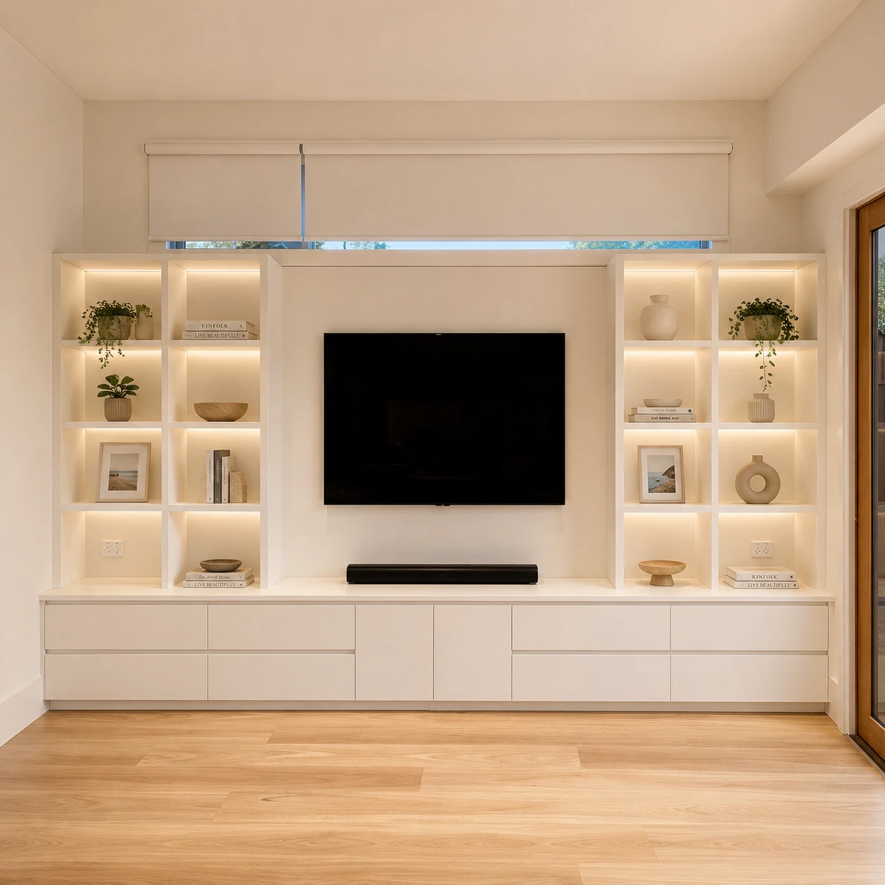 Custom media wall with lit shelving in Footscray Melbourne