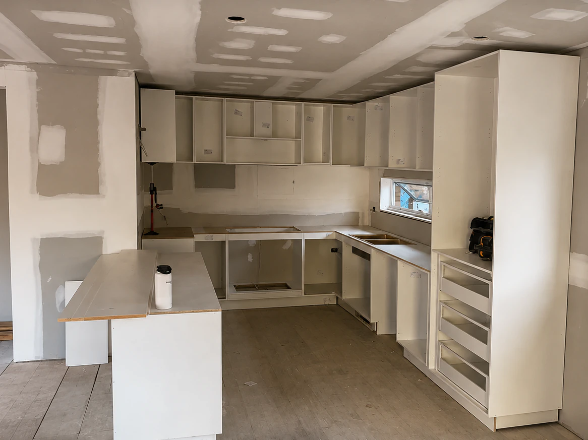 Overhead cabinets and peninsula carcass installed in the Bulleen kitchen