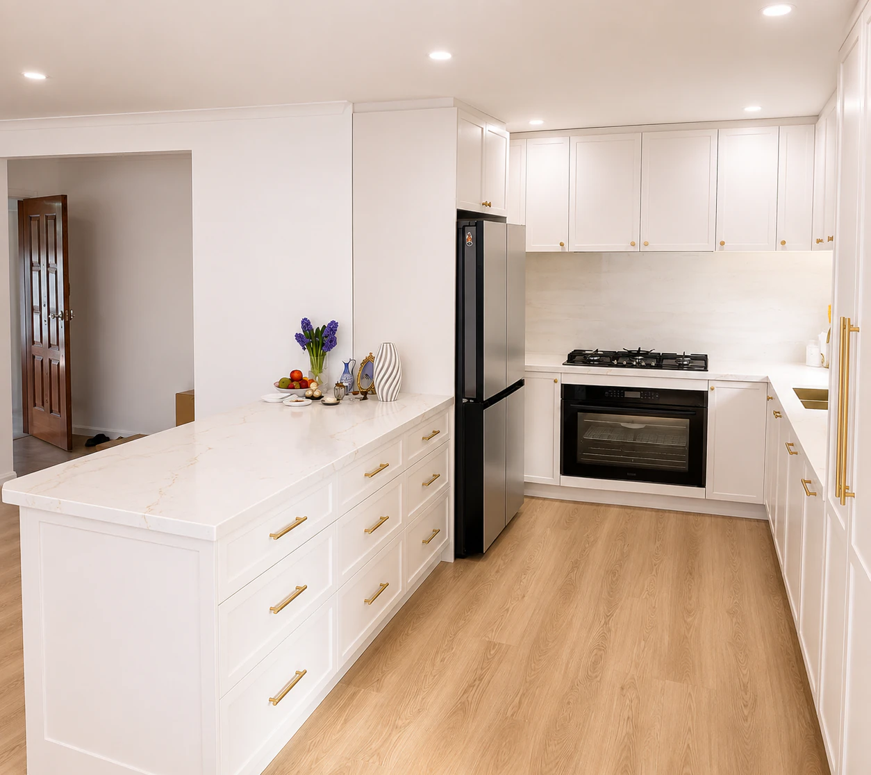 Bench and cabinetry from the living side of the Bulleen kitchen