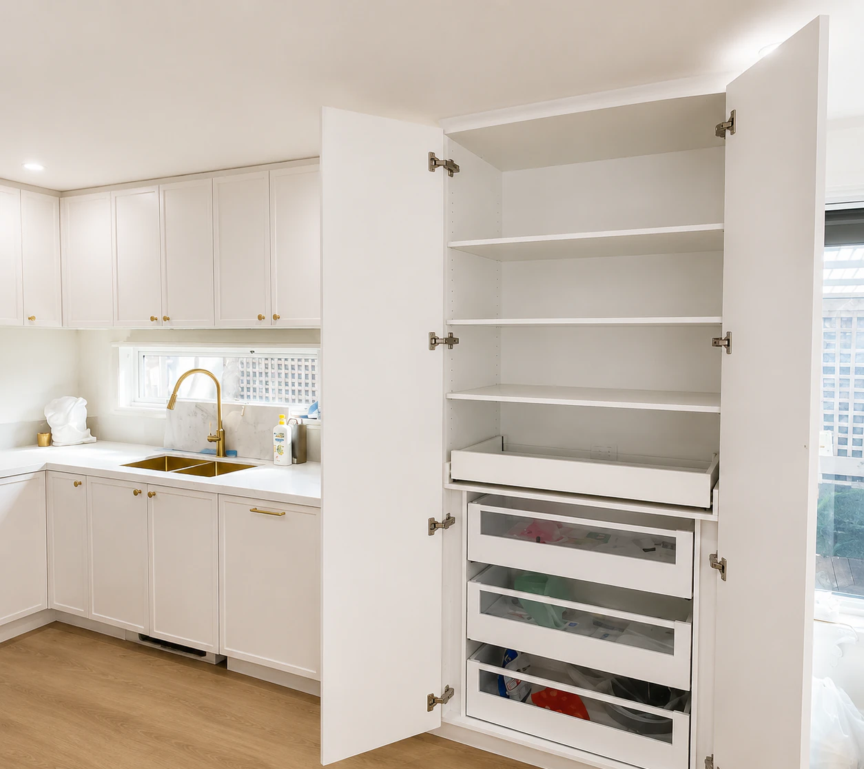 Pantry tower opened to show adjustable shelves and internal drawers in the Bulleen kitchen