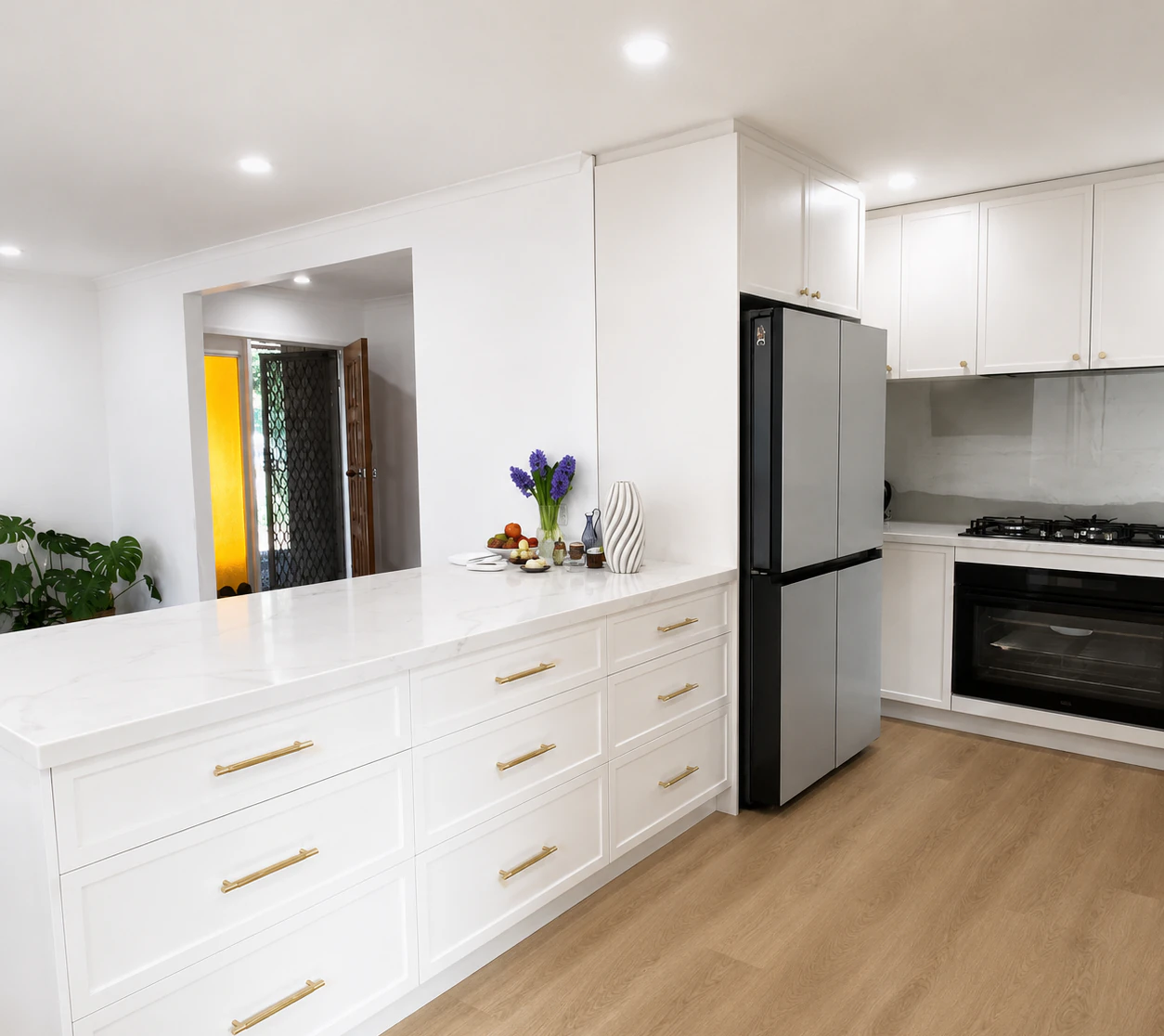 Servery opening between the Bulleen kitchen and the entry