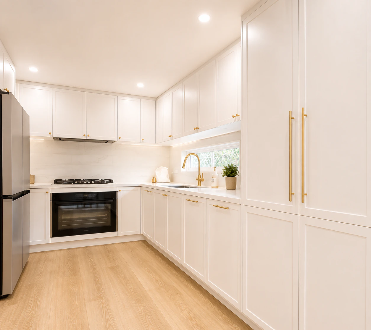 Closed floor to ceiling pantry towers with brushed brass handles in the Bulleen kitchen