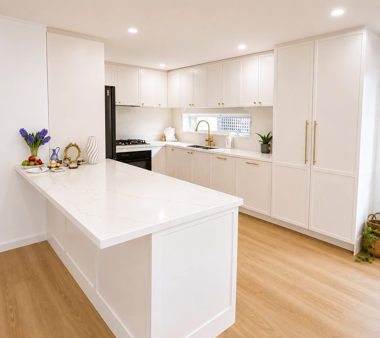 Mitred stone end panel on the peninsula in the Bulleen kitchen