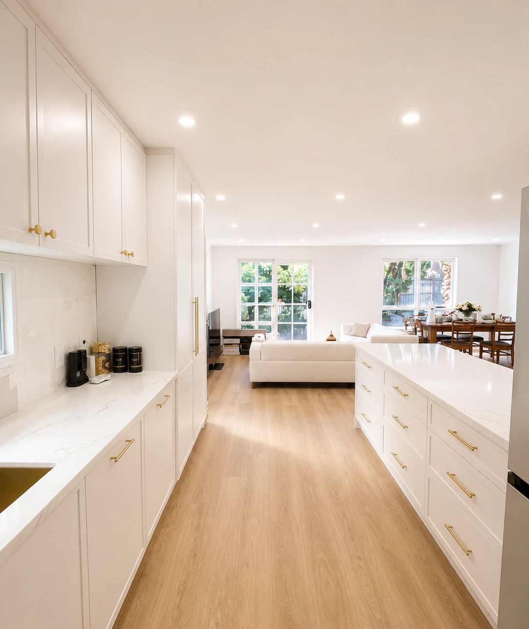 Open plan view from the renovated Bulleen kitchen through to the living and dining area