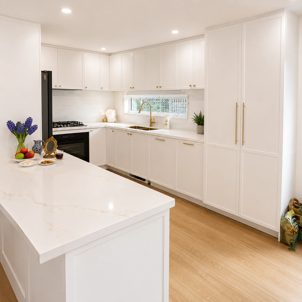 U shaped kitchen layout with white shaker cabinetry in Bulleen