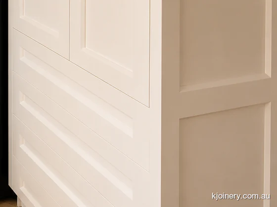 32mm shaker drawer fronts with machined finger pulls in a Caroline Springs kitchen