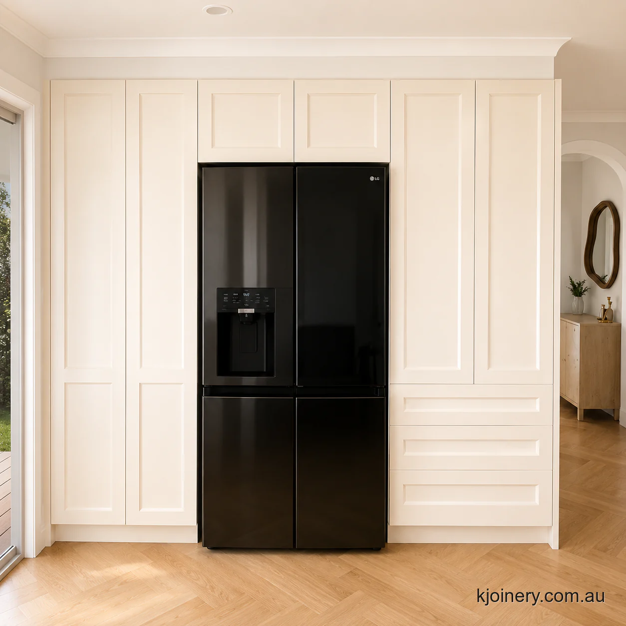 Finished floor to ceiling kitchen cabinetry with an integrated fridge in Caroline Springs