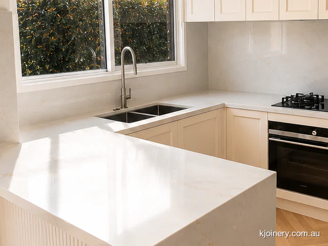 Undermount double sink and gooseneck mixer under the window in a Caroline Springs kitchen