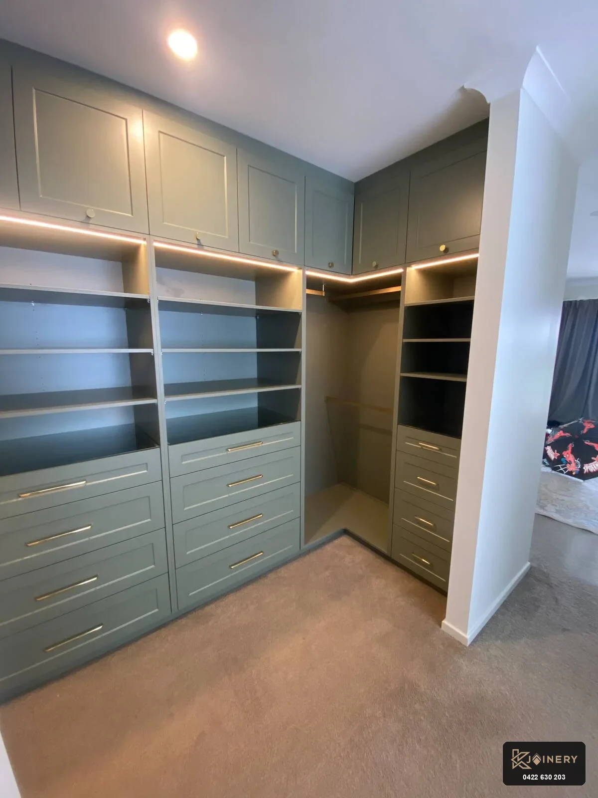 Custom walk in wardrobes Point Cook master suite showing floor-to-ceiling shaker cabinetry and shoe storage tower
