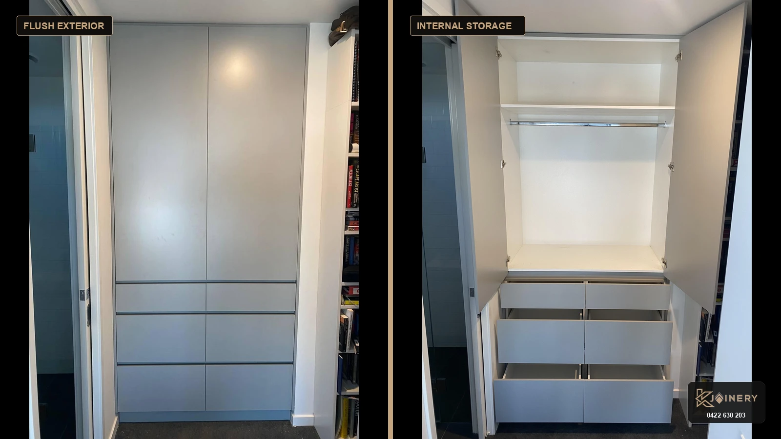 Custom built-in wardrobe installations in Footscray featuring floor-to-ceiling cabinetry, soft-close drawers and internal storage