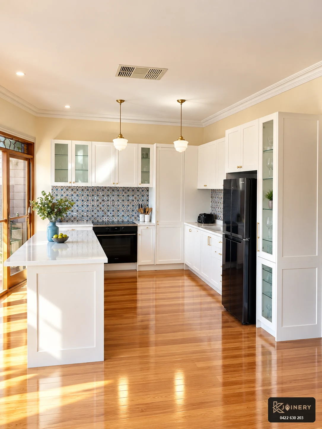 Kitchen joinery West Footscray illuminated glass display cabinets and integrated storage