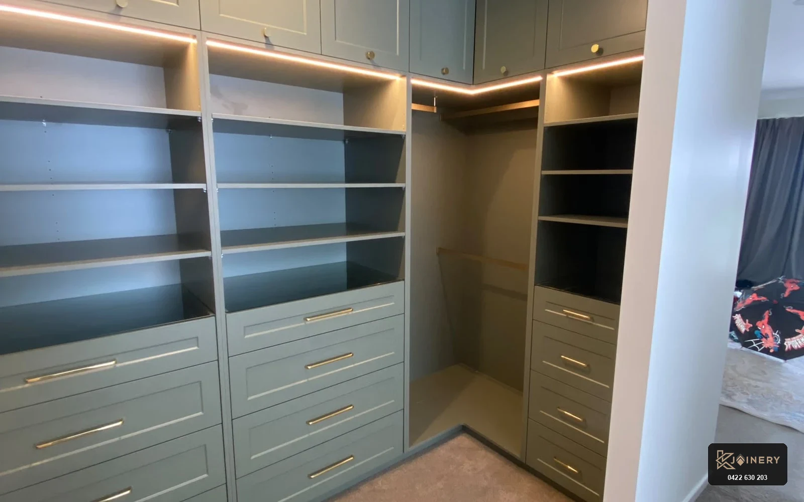 After custom walk in wardrobe Point Cook with shaker 2-pack joinery and glass countertops