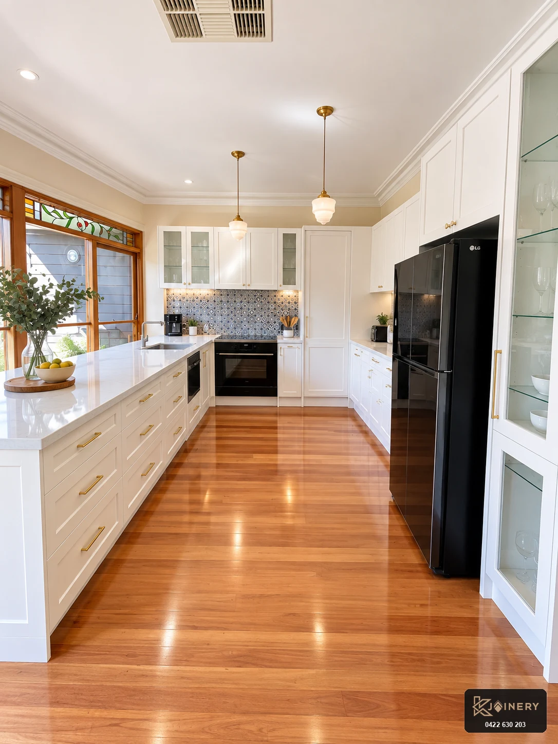 Shaker kitchen cabinets drawers West Footscray with brushed brass handles and Blum soft close